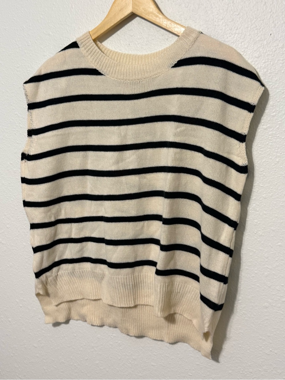 Cream Black Striped Oversized Knit Sweater Vest Large